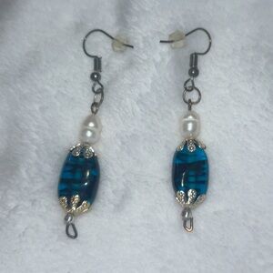 Freshwater Pearl Handmade Elegant Teal and Silver Dangle Earrings